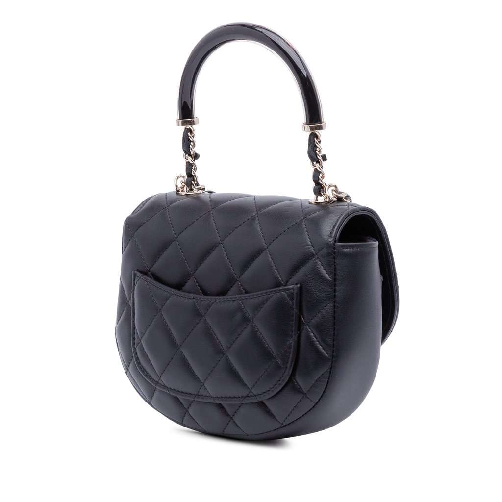 Chanel CC Quilted Lambskin Half Moon Top Handle Flap Black Leather Very good condition - Back View