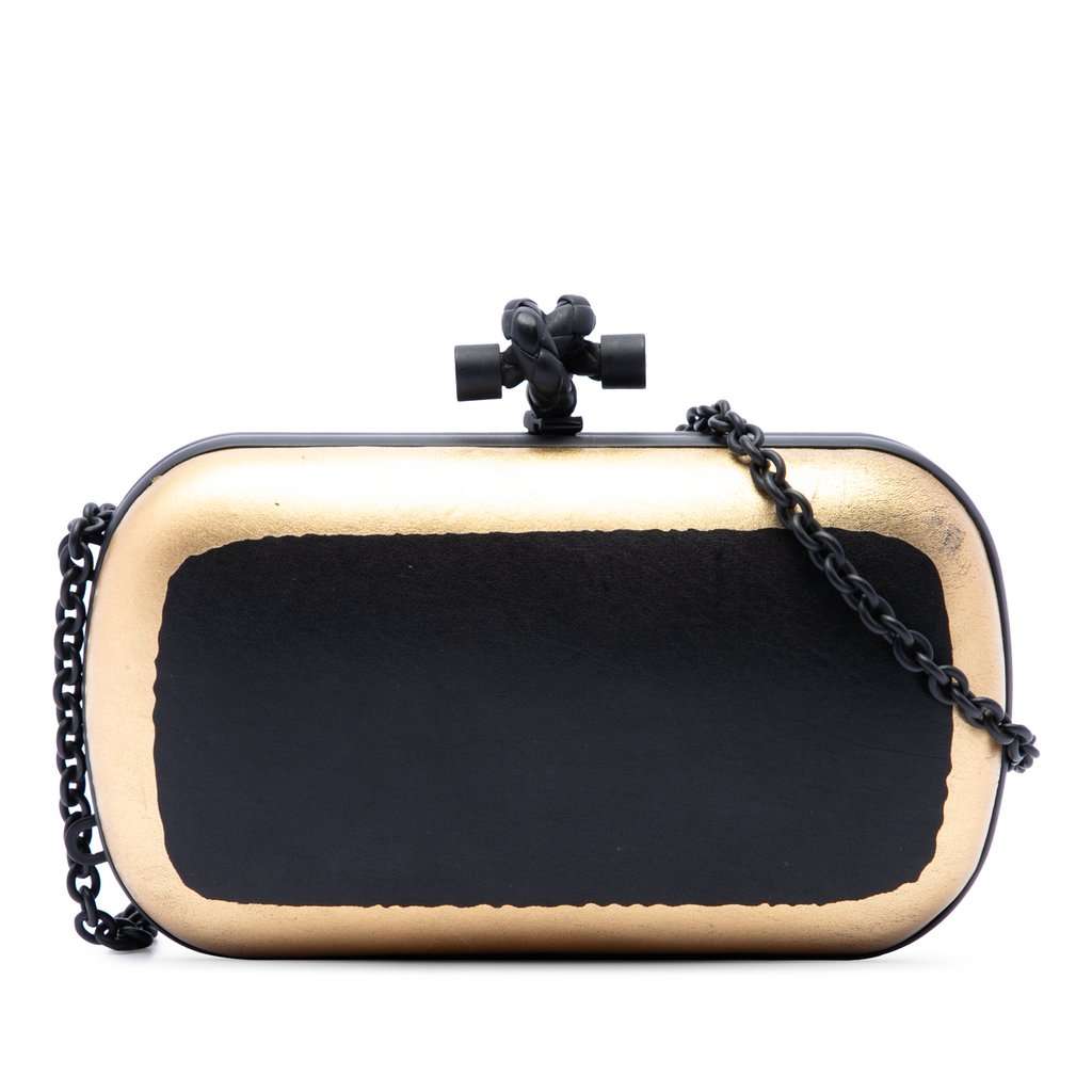 Bottega Veneta Bicolor Gilded Waxed Leather Knot Clutch with Chain Black Leather Very good condition - Front View