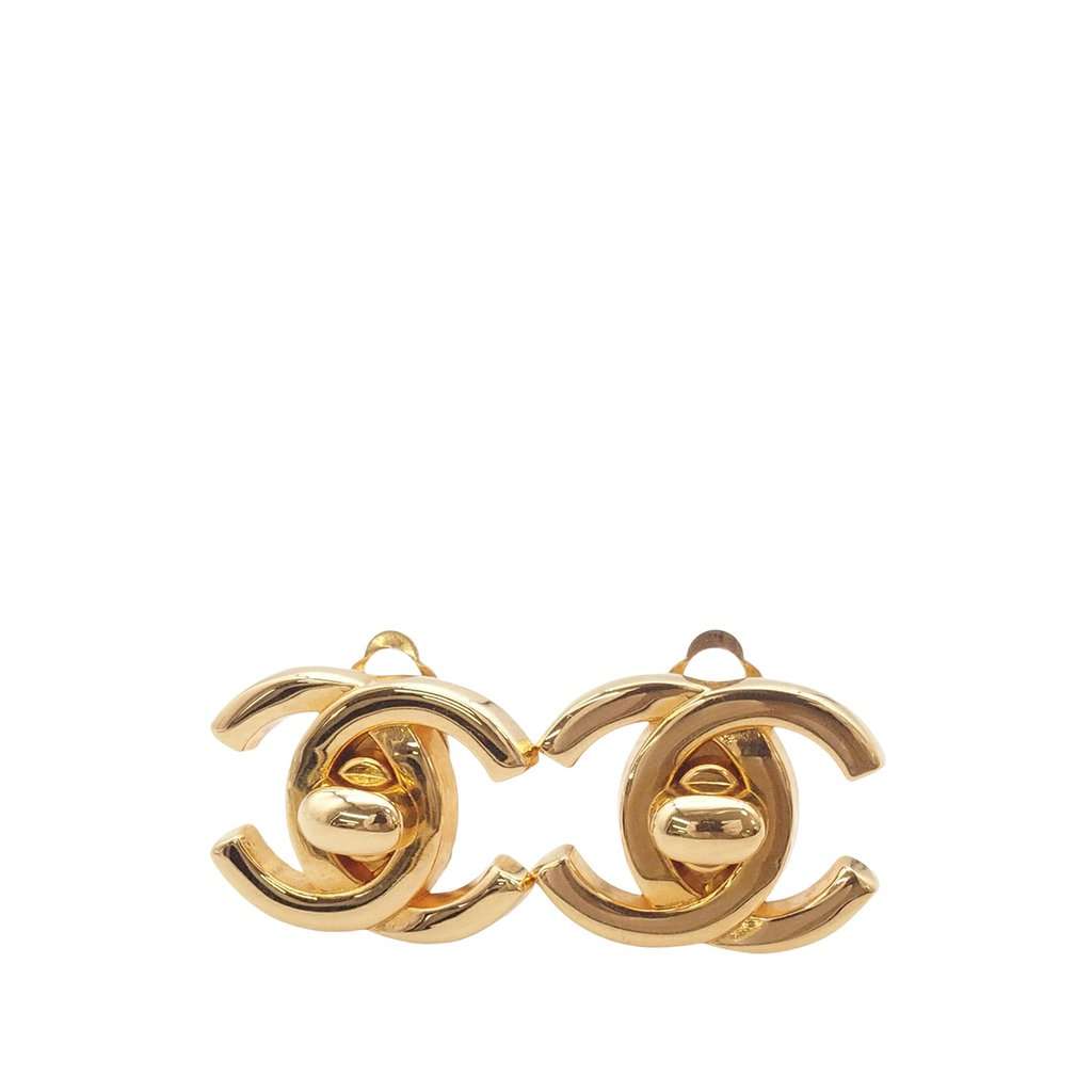 Chanel CC Gold Plated Turn Lock Clip on Earrings Gold Metal Very good condition - Front View