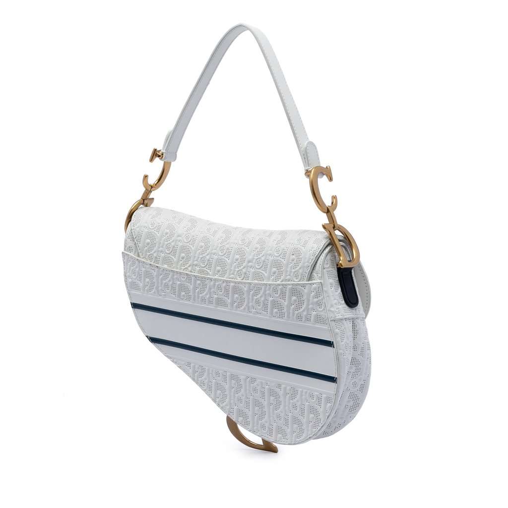Dior Perforated Oblique Embossed Calfskin Saddle Bag White Leather Very good condition - Back View