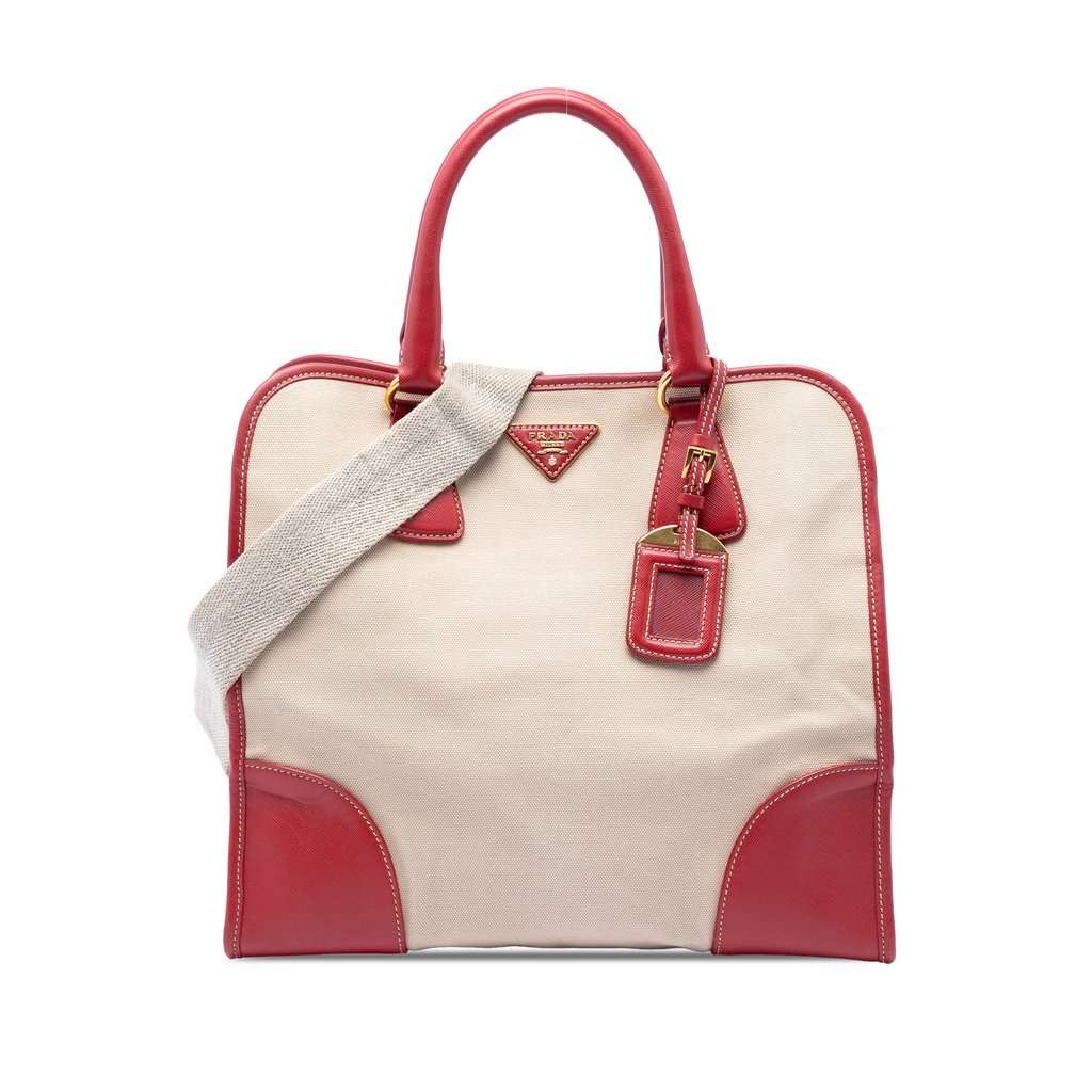 Prada Saffiano Trimmed Canvas Canapa Logo Satchel Beige Very good condition - Front View