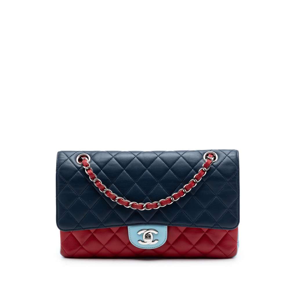 Chanel Medium Classic Tricolor Lambskin Double Flap Blue Leather Very good condition - Front View