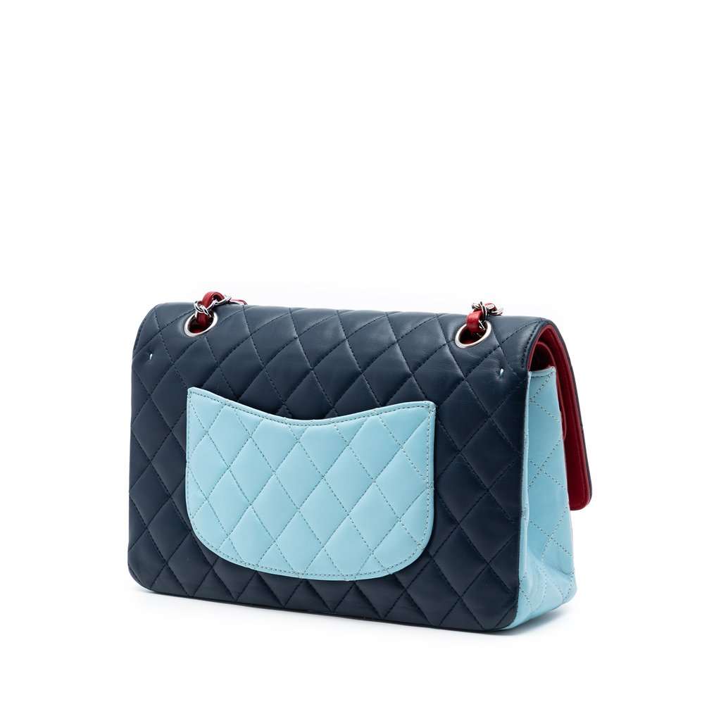 Chanel Medium Classic Tricolor Lambskin Double Flap Blue Leather Very good condition - Back View