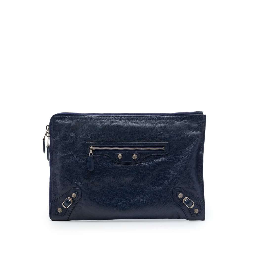 Balenciaga Lambskin Motocross Giant 12 Zip Around Flat Clutch Blue Leather Very good - Front View
