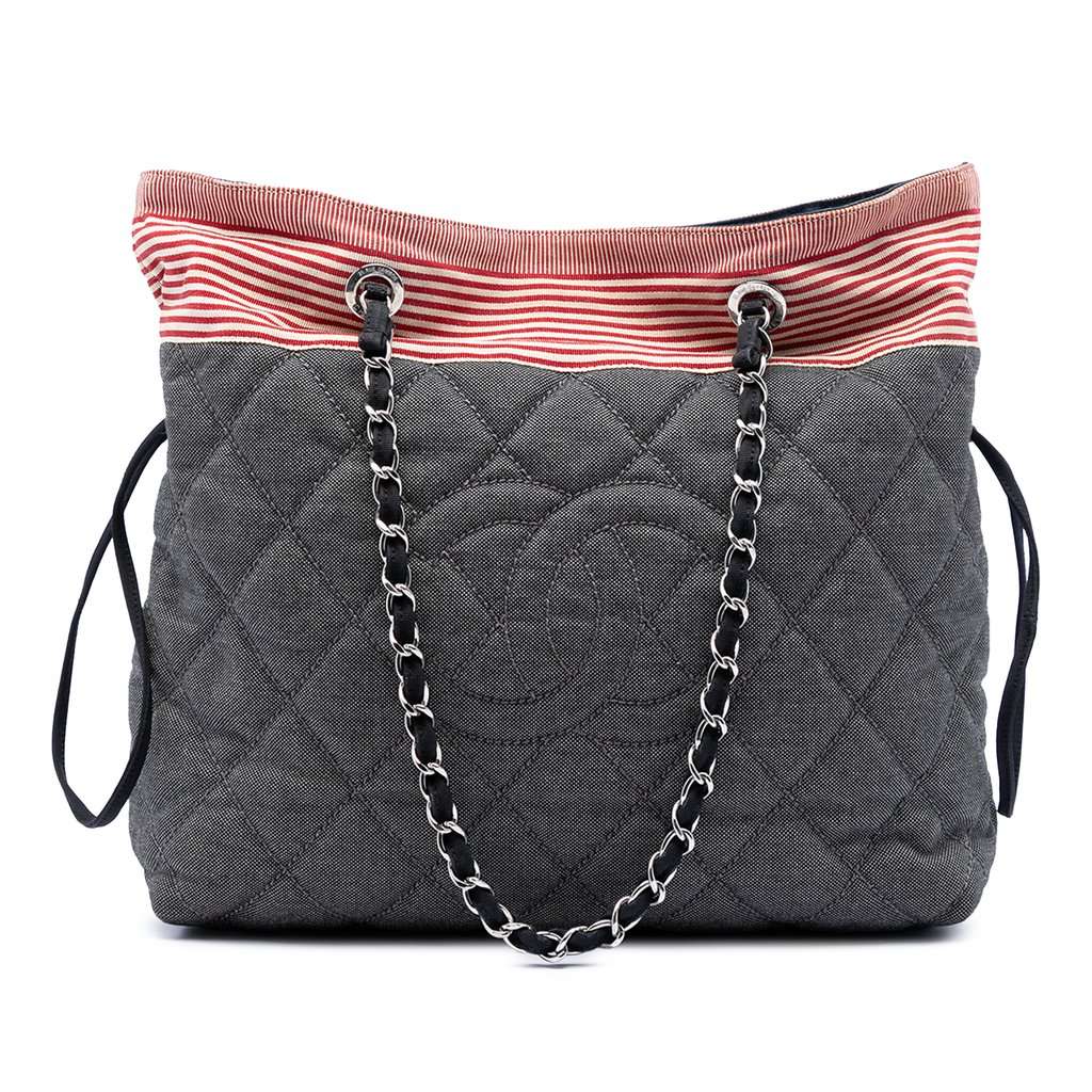 Chanel CC Quilted Denim Grosgrain Drawstring Tote Black Very good condition - Front View