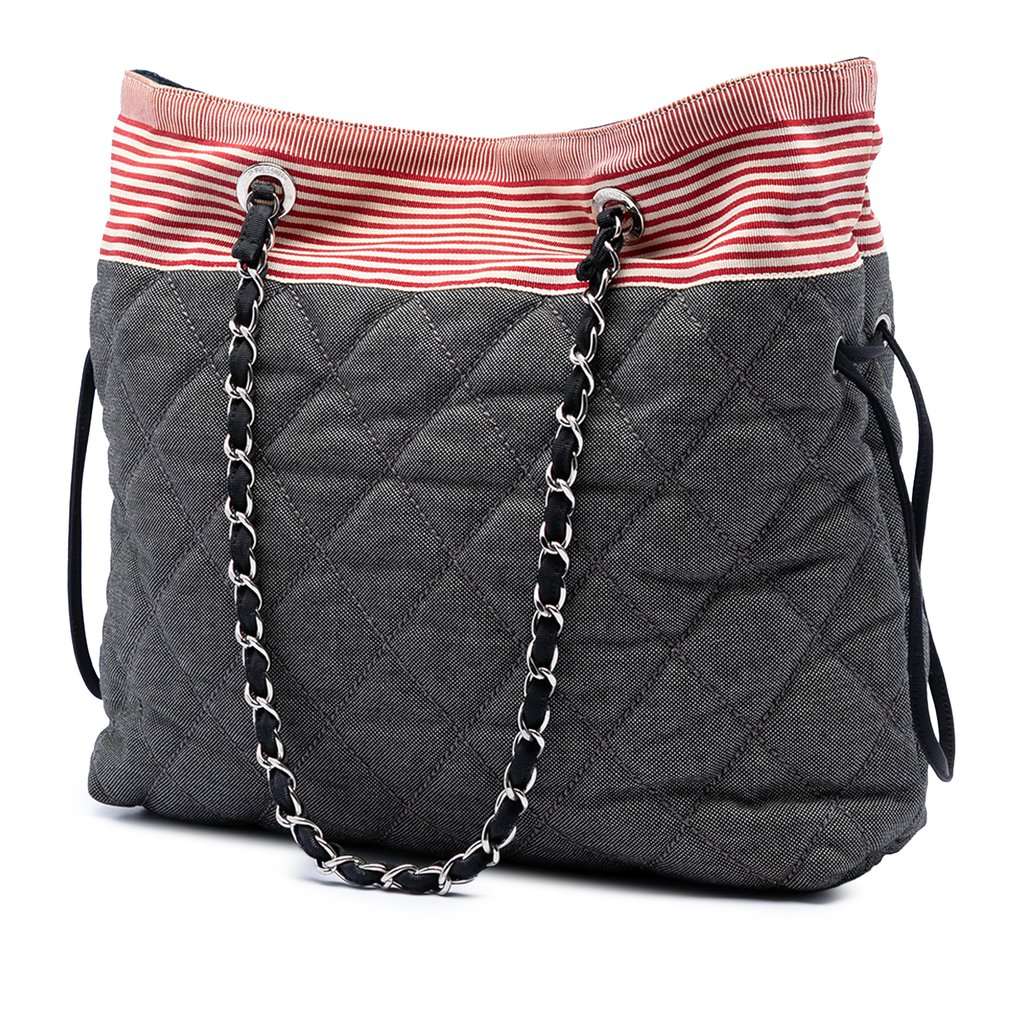Chanel CC Quilted Denim Grosgrain Drawstring Tote Black Very good condition - Back View