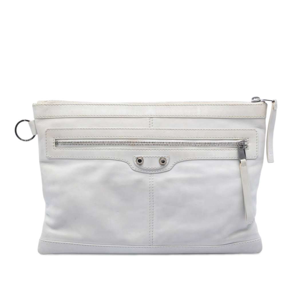 Balenciaga Lambskin Motocross Classic Clip M Clutch White Leather Very good condition - Front View