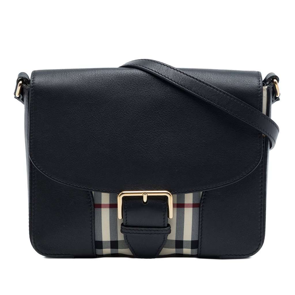 Burberry Small Haymarket Check Nylon and Leather Dickens Crossbody Black Leather Very good - Front View