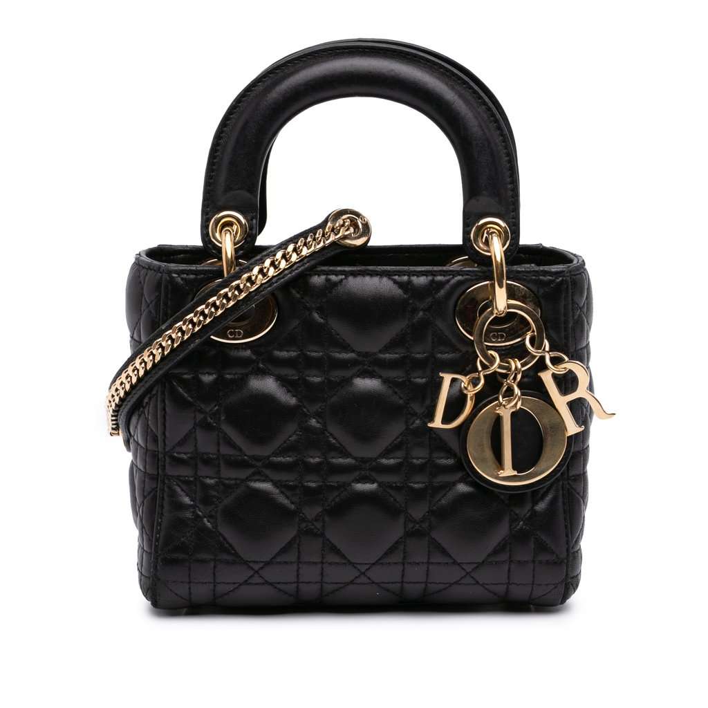 Dior Mini Lambskin Cannage Lady Dior Black Leather Very good condition - Front View