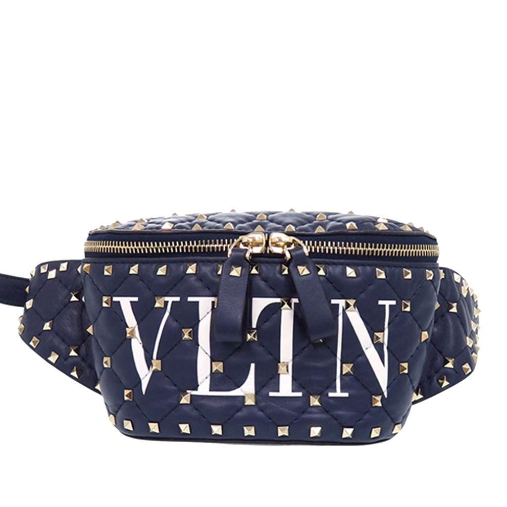Valentino Quilted Lambskin VLTN Rockstud Spike Belt Bag Blue Leather Never worn - Front View