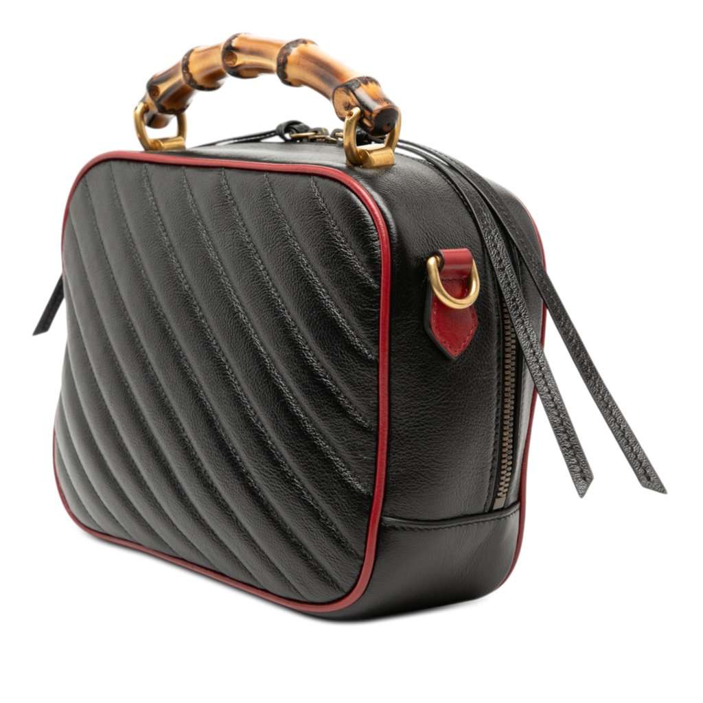 Gucci Small GG Marmont Matelasse Diagonal Leather Torchon Bamboo Satchel Black Leather Very good condition - Back View