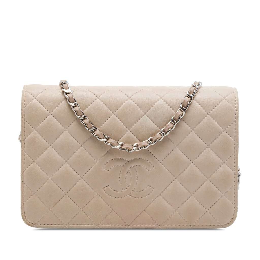Chanel CC Quilted Lambskin Diamond Wallet On Chain Beige Leather Very good condition - Front View