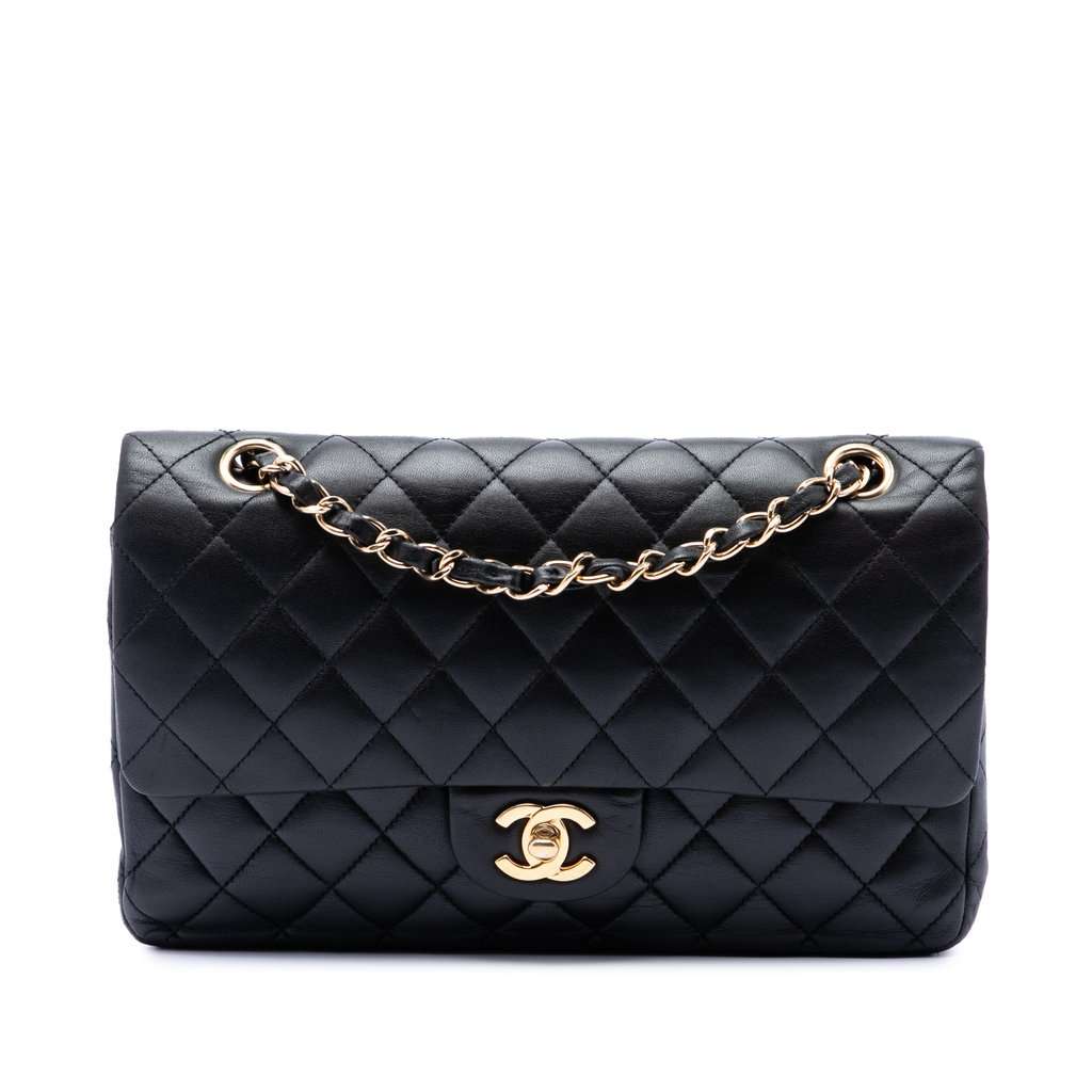 Chanel Medium Classic Lambskin Double Flap Black Leather Very good condition - Front View