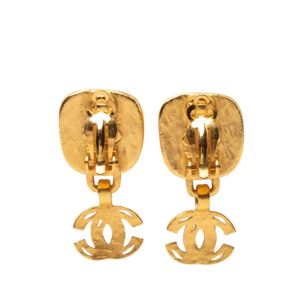 Chanel CC Gold Plated Square Silver Stone Drop Clip On Earrings Gold Metal Very good condition - Back View