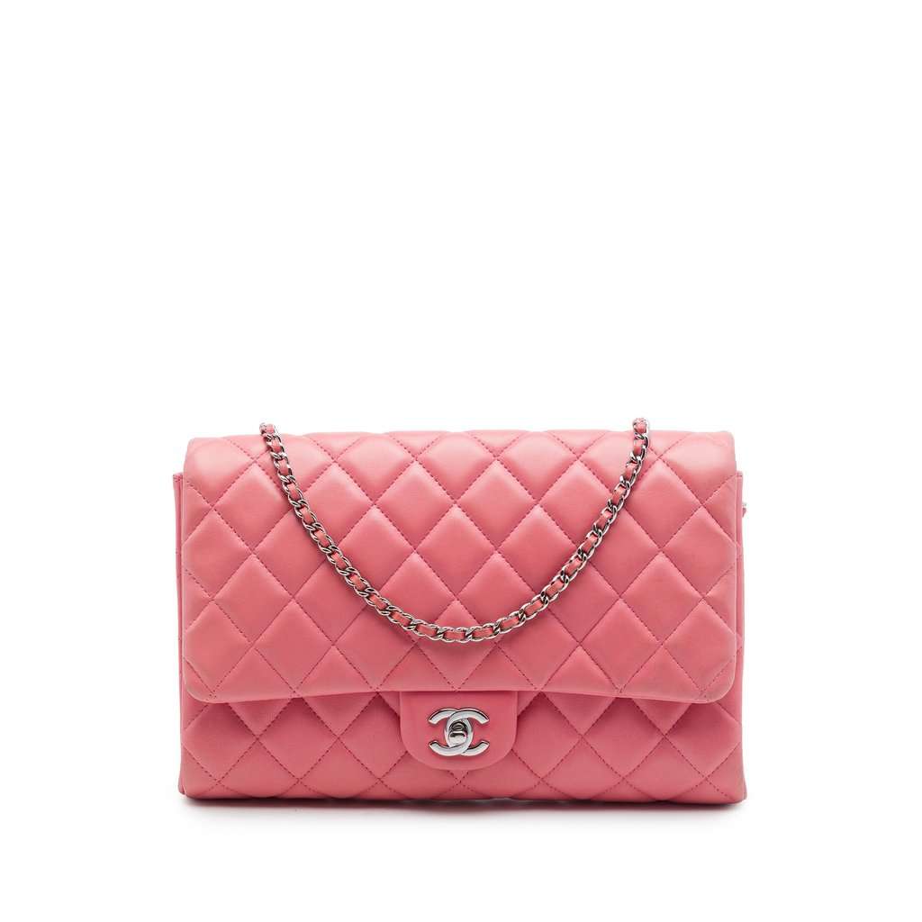Chanel CC Quilted Lambskin Flap Clutch on Chain Pink Leather Very good - Front View
