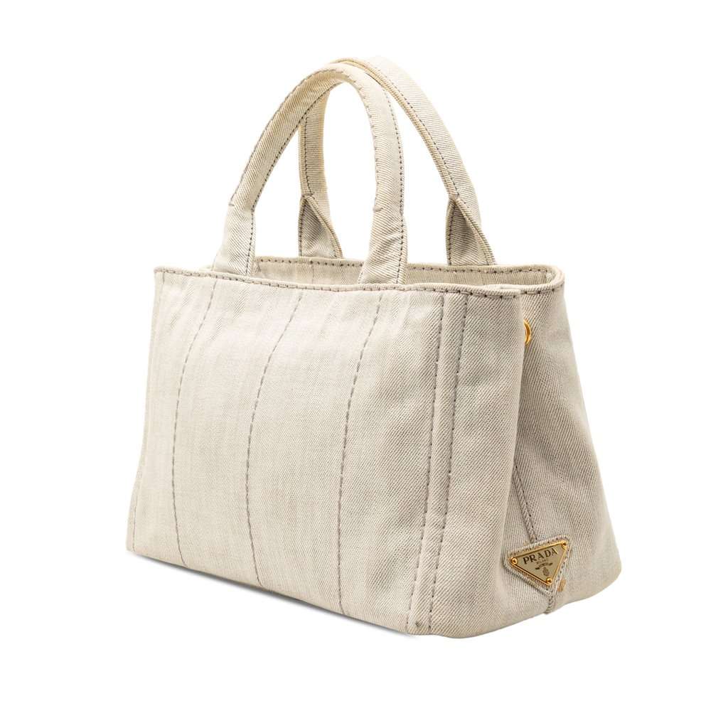 Prada Small Denim Canapa Logo Satchel Beige Very good condition - Back View