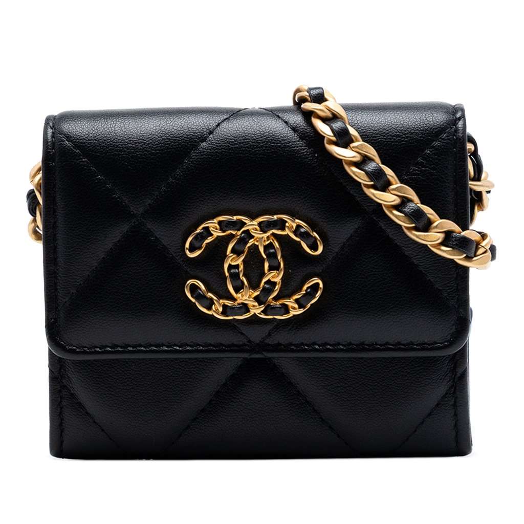 Chanel Quilted Lambskin 19 Flap Coin Purse With Chain Black Leather Very good condition - Front View