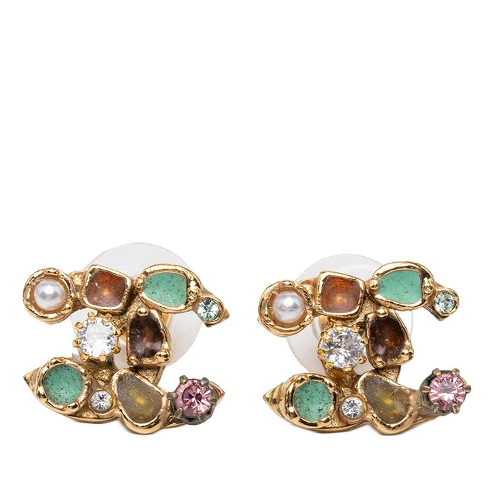 Chanel CC Gold Plated Strass Faux Pearl Resin Embellished Bullet Back Earrings Gold Metal Very good condition - Front View