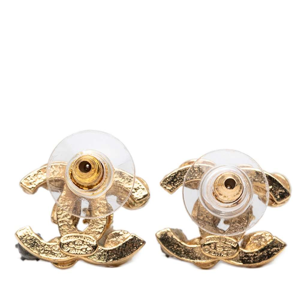 Chanel CC Gold Plated Strass Faux Pearl Resin Embellished Bullet Back Earrings Gold Metal Very good condition - Back View