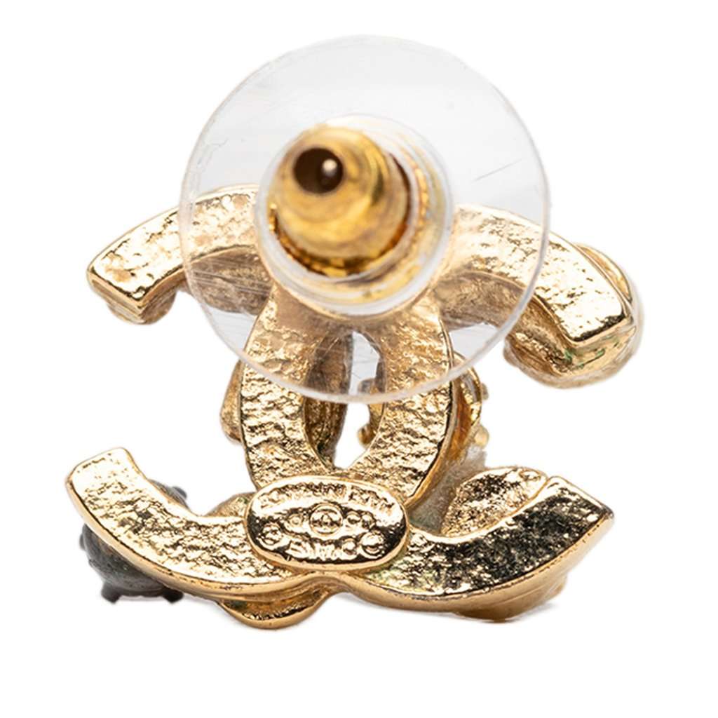 Chanel CC Gold Plated Strass Faux Pearl Resin Embellished Bullet Back Earrings Gold Metal Very good condition - Inside View