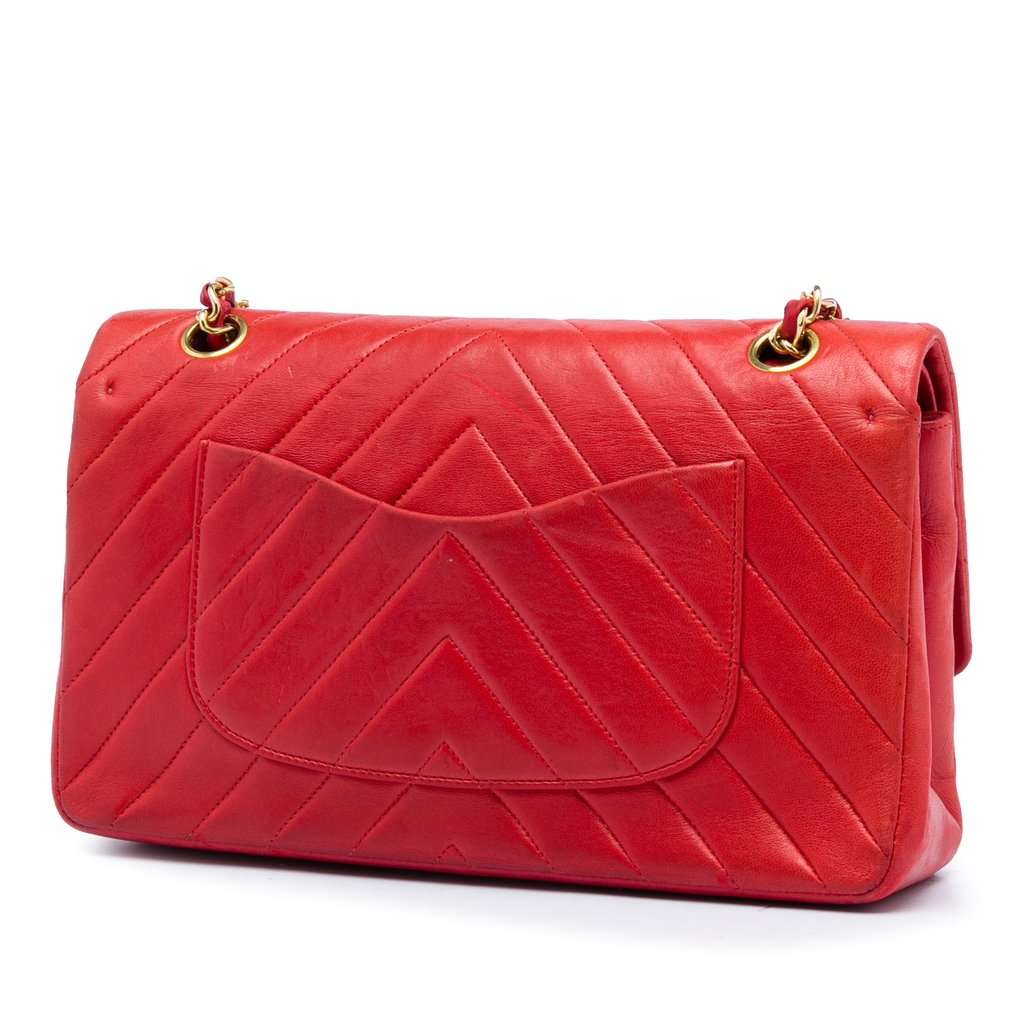 Chanel Medium Classic Chevron Lambskin Double Flap Red Leather Very good - Back View