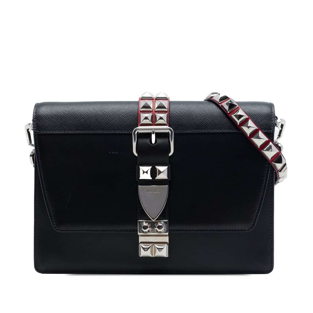 Prada City Calfskin and Saffiano Studded Elektra Crossbody Black Leather Very good - Front View