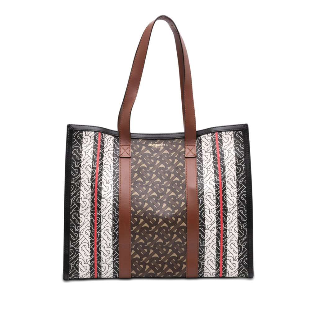 Burberry TB Monogram E Canvas Stripe Book Tote Brown Very good - Front View