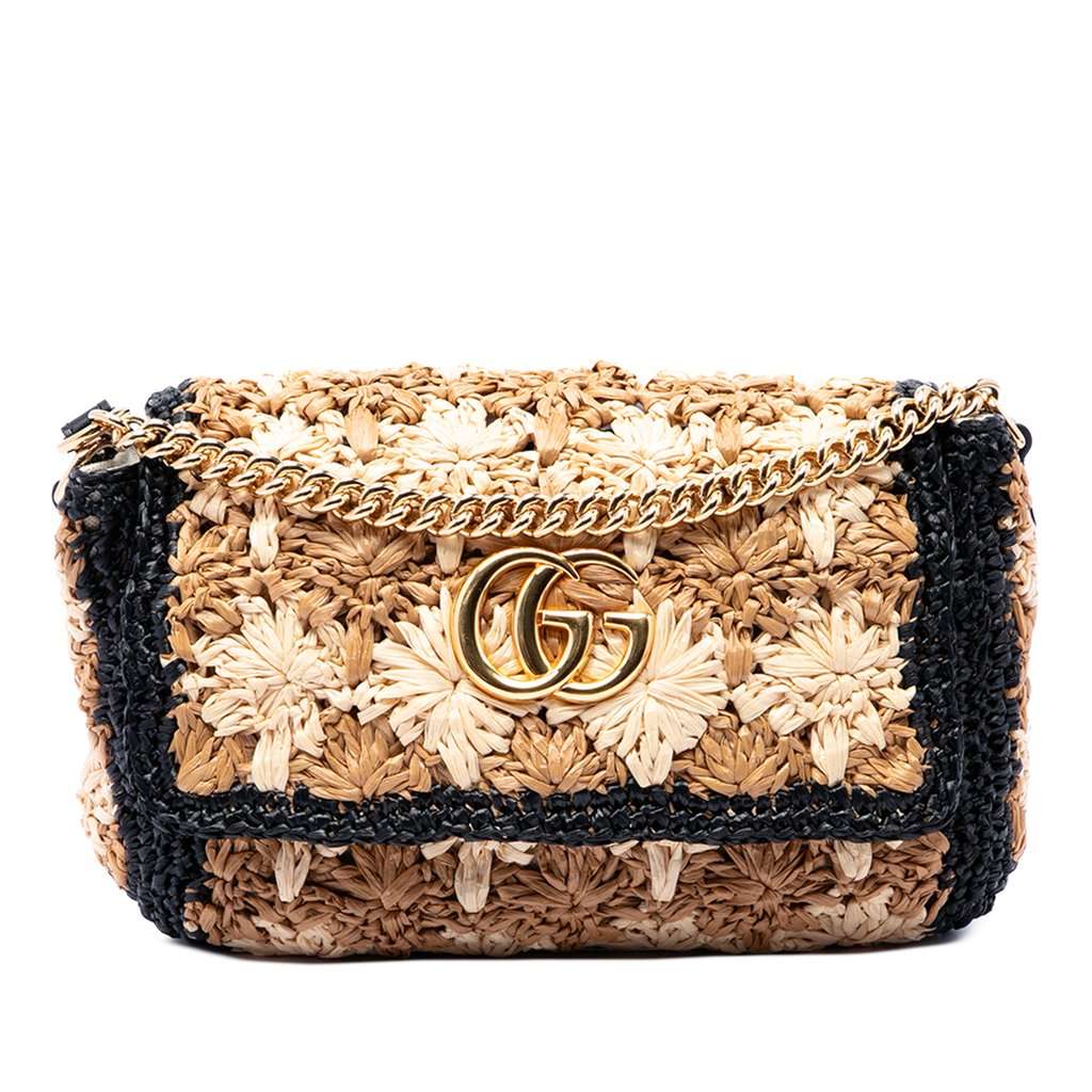 Gucci Small GG Marmont Raffia Crossbody Beige Very good - Front View