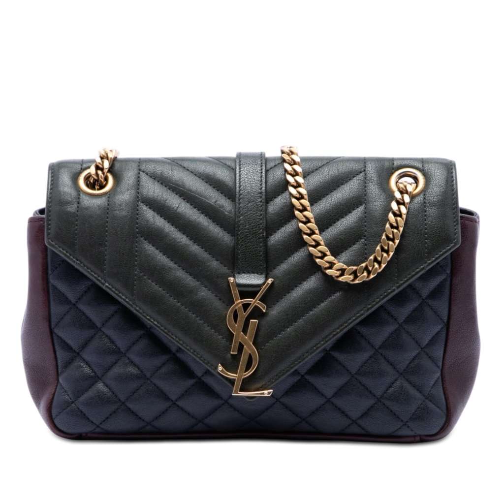 Saint Laurent Medium Triquilt Tricolor Sheepskin Monogram College Bag Green Leather Very good condition - Front View