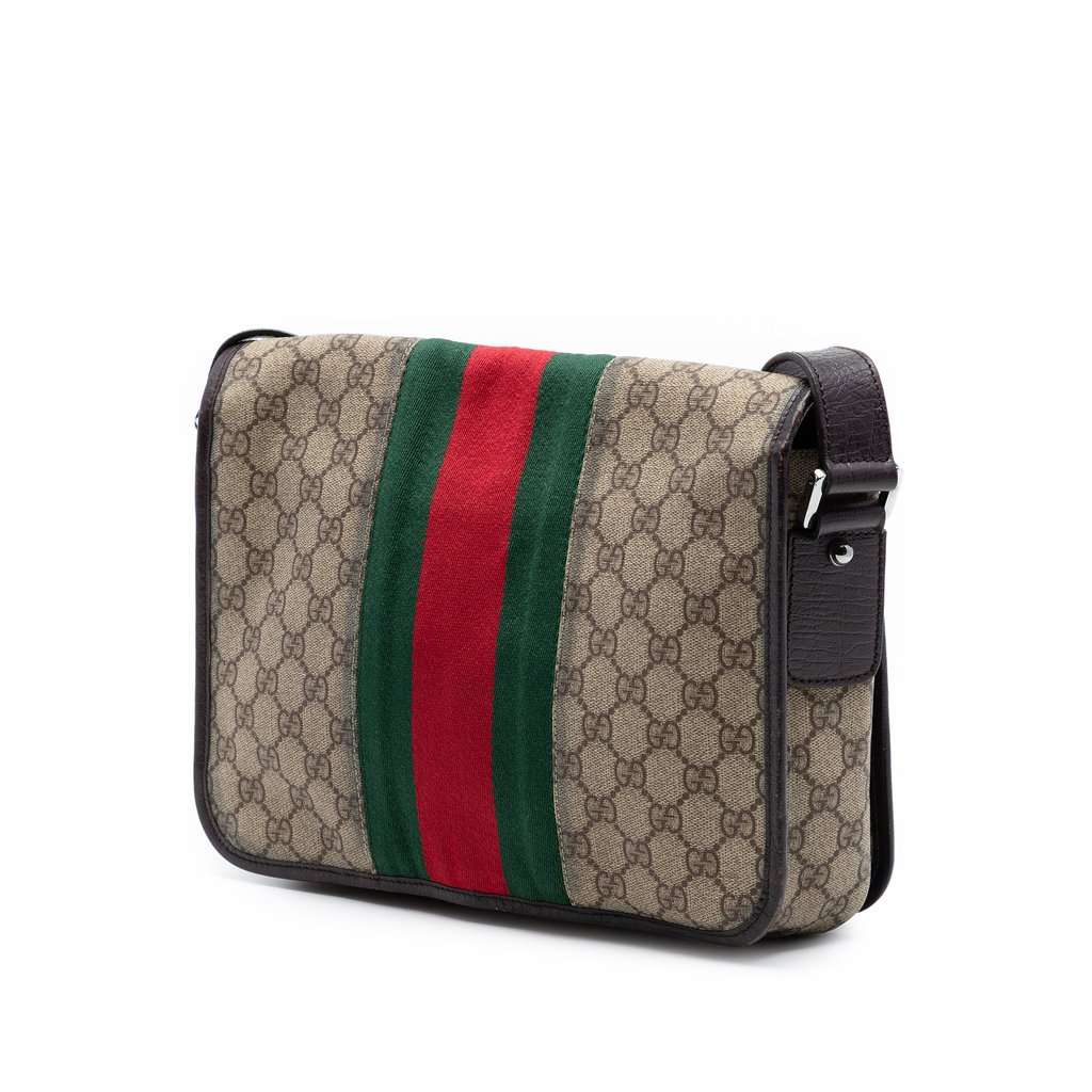 Gucci Medium GG Supreme Web Flap Messenger Bag Beige Very good condition - Back View