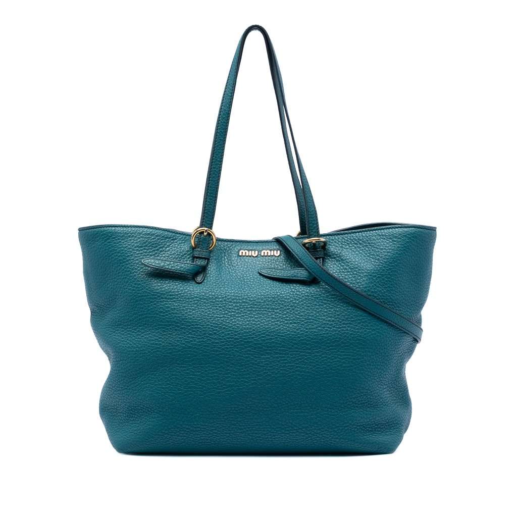 Miu Miu Large Vitello Daino Convertible Shopper Tote Blue Leather Very good condition - Front View