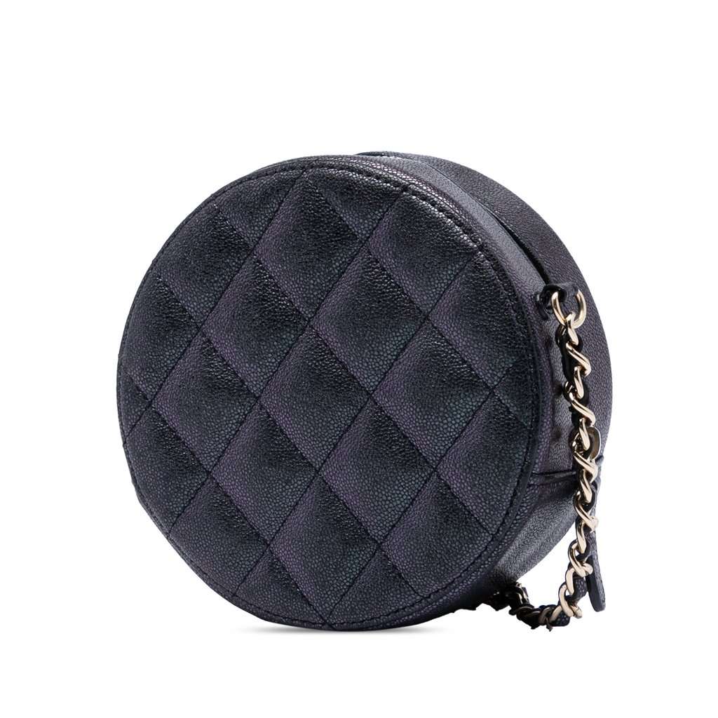 Chanel CC Quilted Iridescent Caviar Round Clutch With Chain Black Leather Very good condition - Back View