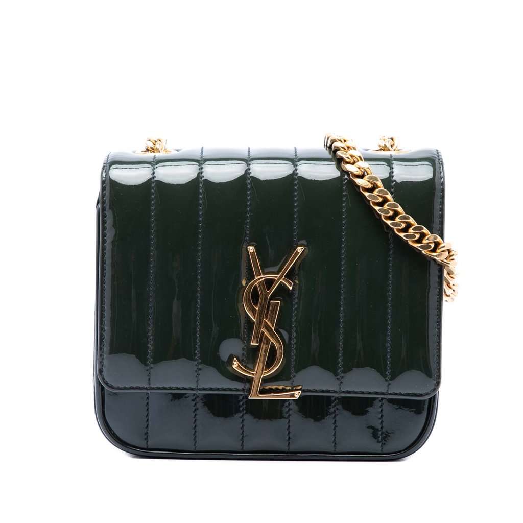 Saint Laurent Small Patent Monogram Vicky Chain Bag Green Leather Very good condition - Front View