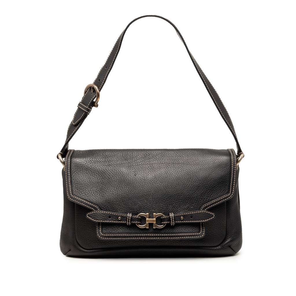 Salvatore Ferragamo Leather Double Gancini Shoulder Bag Black Leather Very good condition - Front View