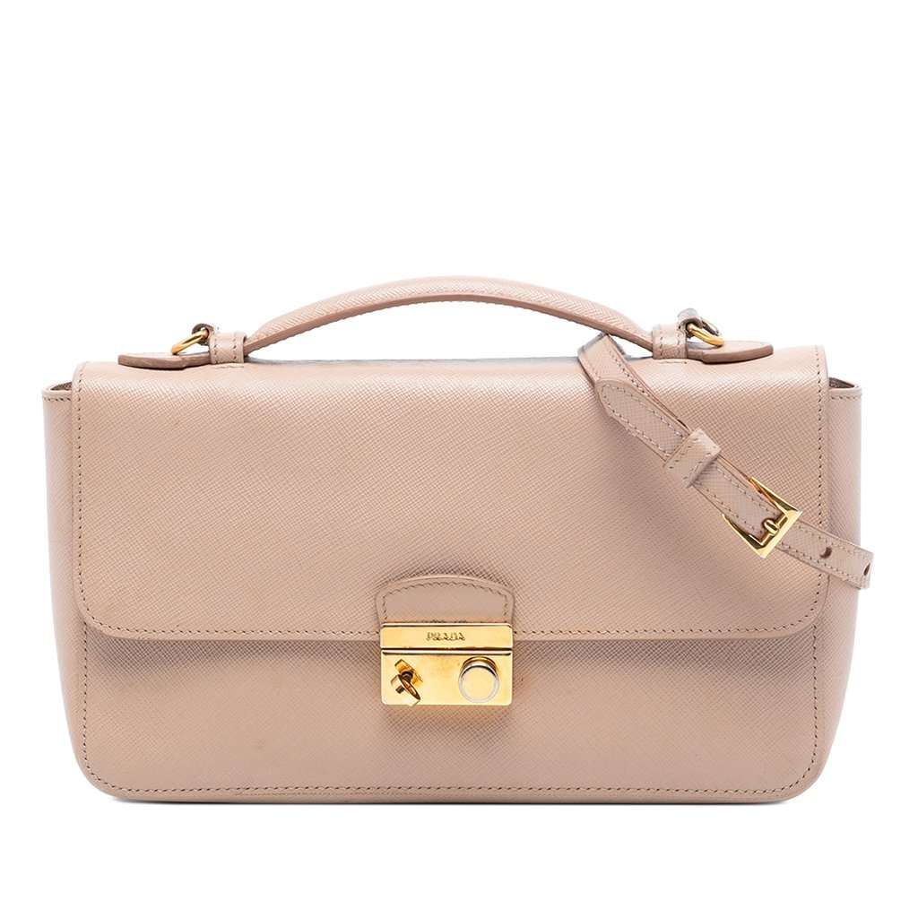 Prada Saffiano Sound Lock Satchel Brown Leather Very good condition - Front View