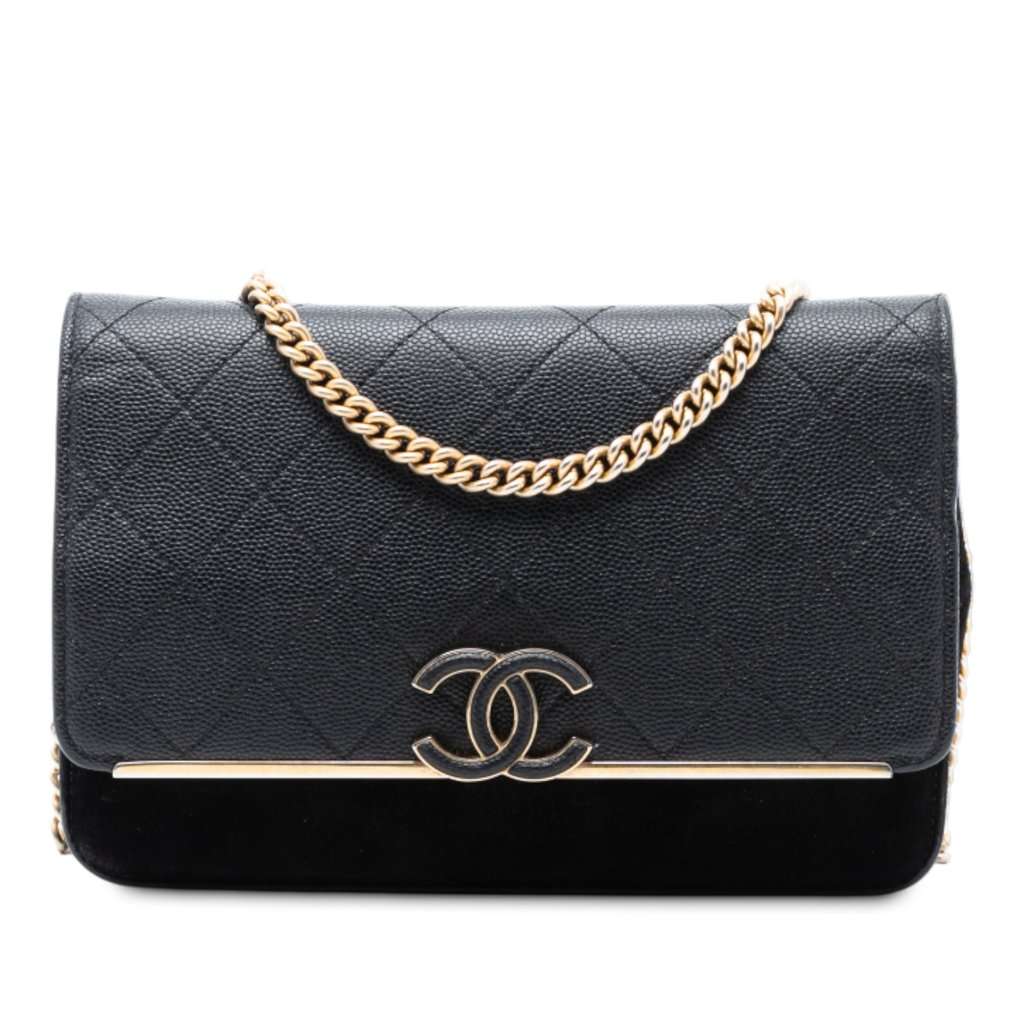 Chanel Stitched Caviar and Suede Lady Coco Wallet On Chain Black Leather Very good condition - Front View