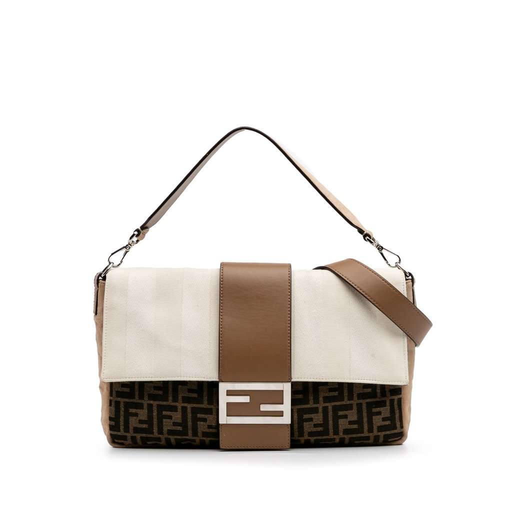 Fendi Large Zucca and Pequin Canvas Convertible Baguette Satchel Brown Very good condition - Front View