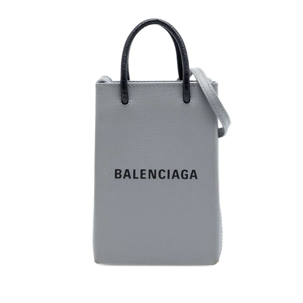 Balenciaga Mini Calfskin Logo Shopping Phone Holder Grey Leather Very good condition - Front View