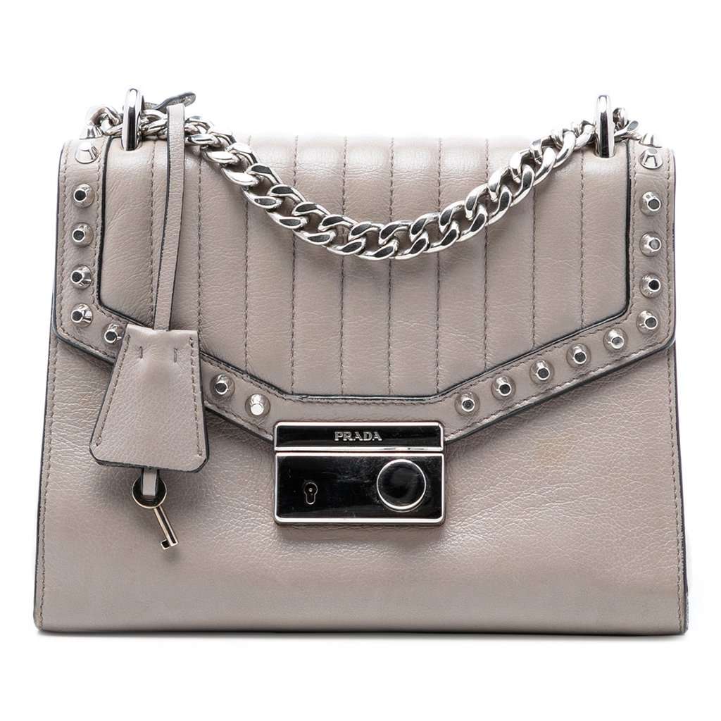 Prada Studded Glace Calf Sound Lock Crossbody Grey Leather Very good condition - Front View