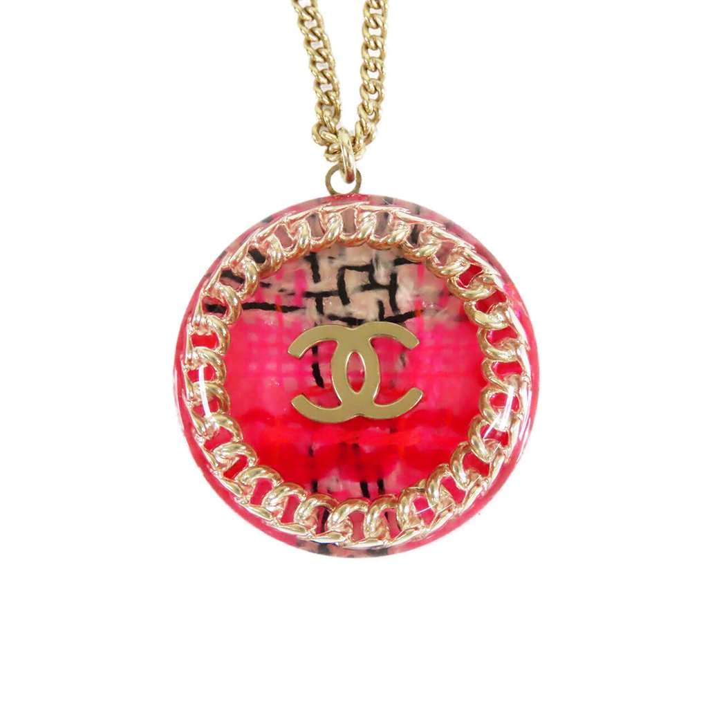 Chanel CC Gold Plated Resin Tweed Chain Round Pendant Necklace Gold Metal Very good - Back View