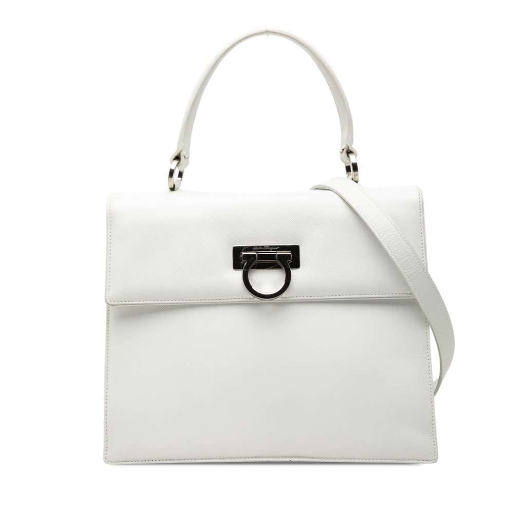 Ferragamo Leather Gancini Satchel White Leather Very good - Front View