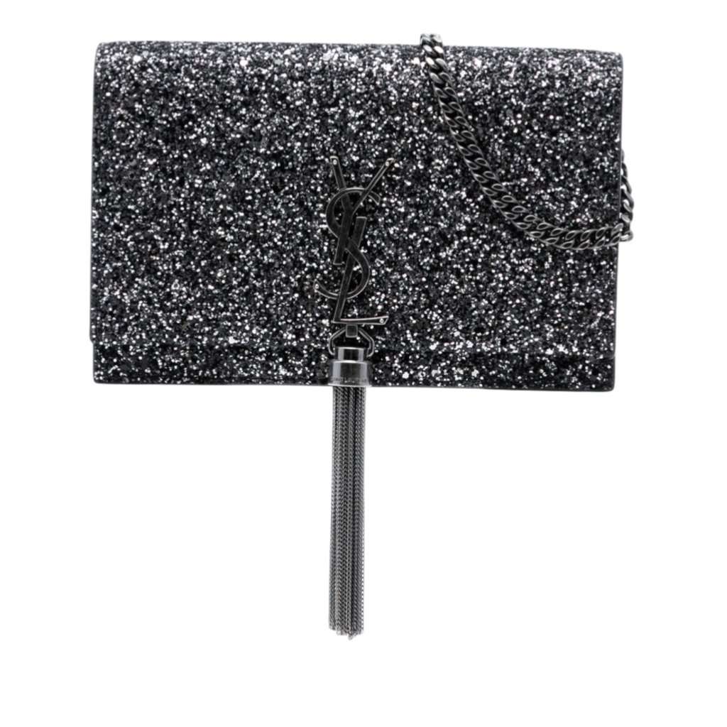 Saint Laurent Metallic Glitter Monogram Kate Tassel Chain Wallet Black Leather Very good condition - Front View
