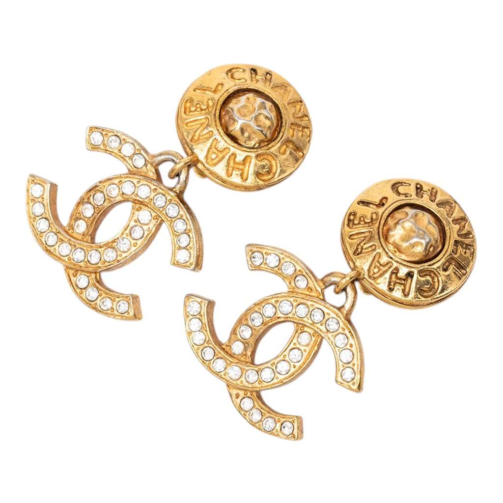 Chanel Gold Plated CC Strass Drop Clip On Earrings Gold Metal Very good condition - Front View
