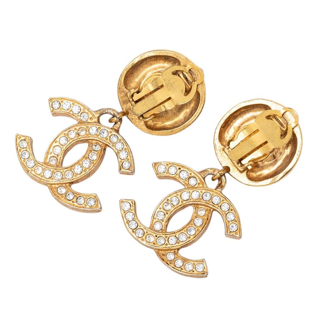 Chanel Gold Plated CC Strass Drop Clip On Earrings Gold Metal Very good condition - Back View