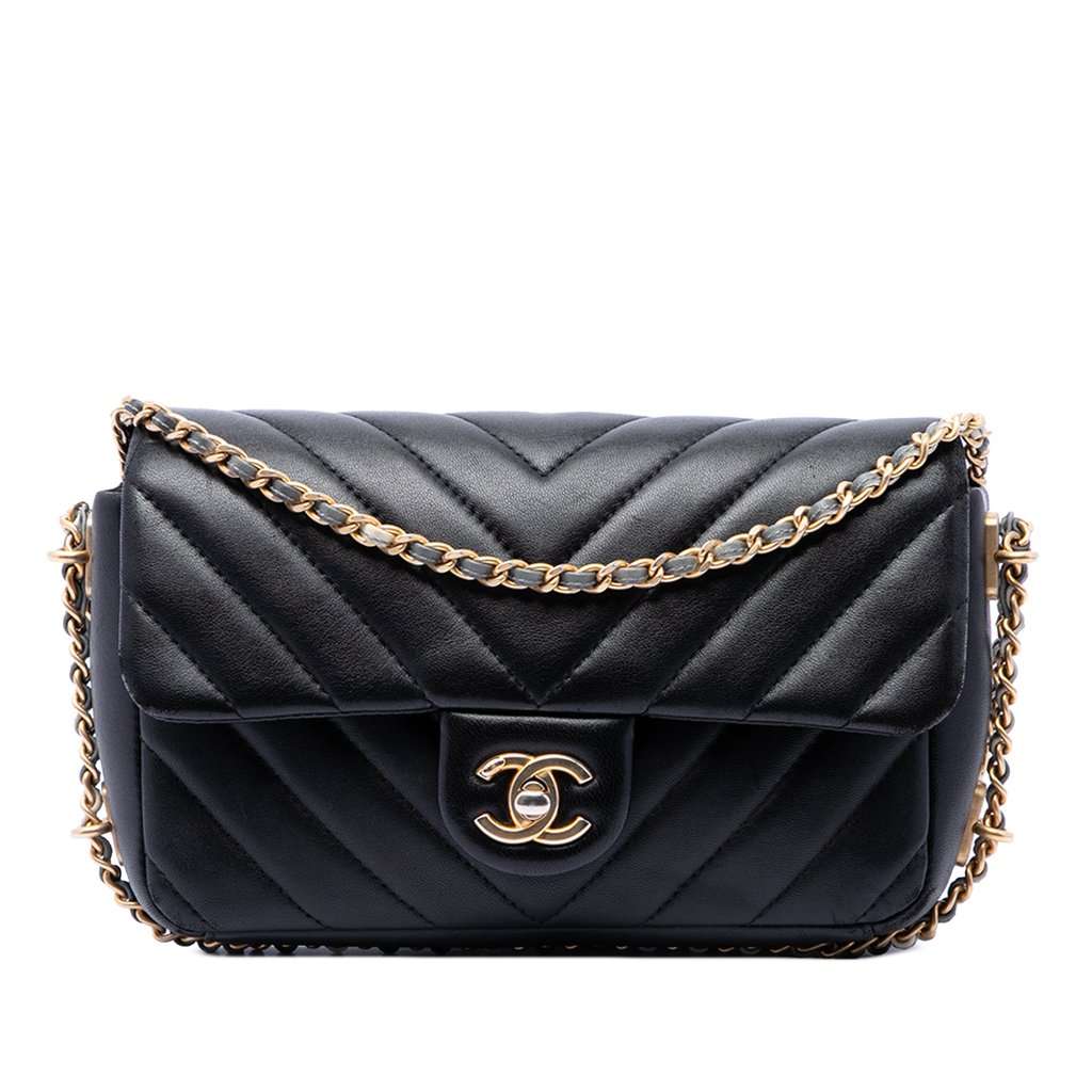 Chanel Mini Rectangular Chevron Lambskin Chain Around Flap Black Leather Very good - Front View