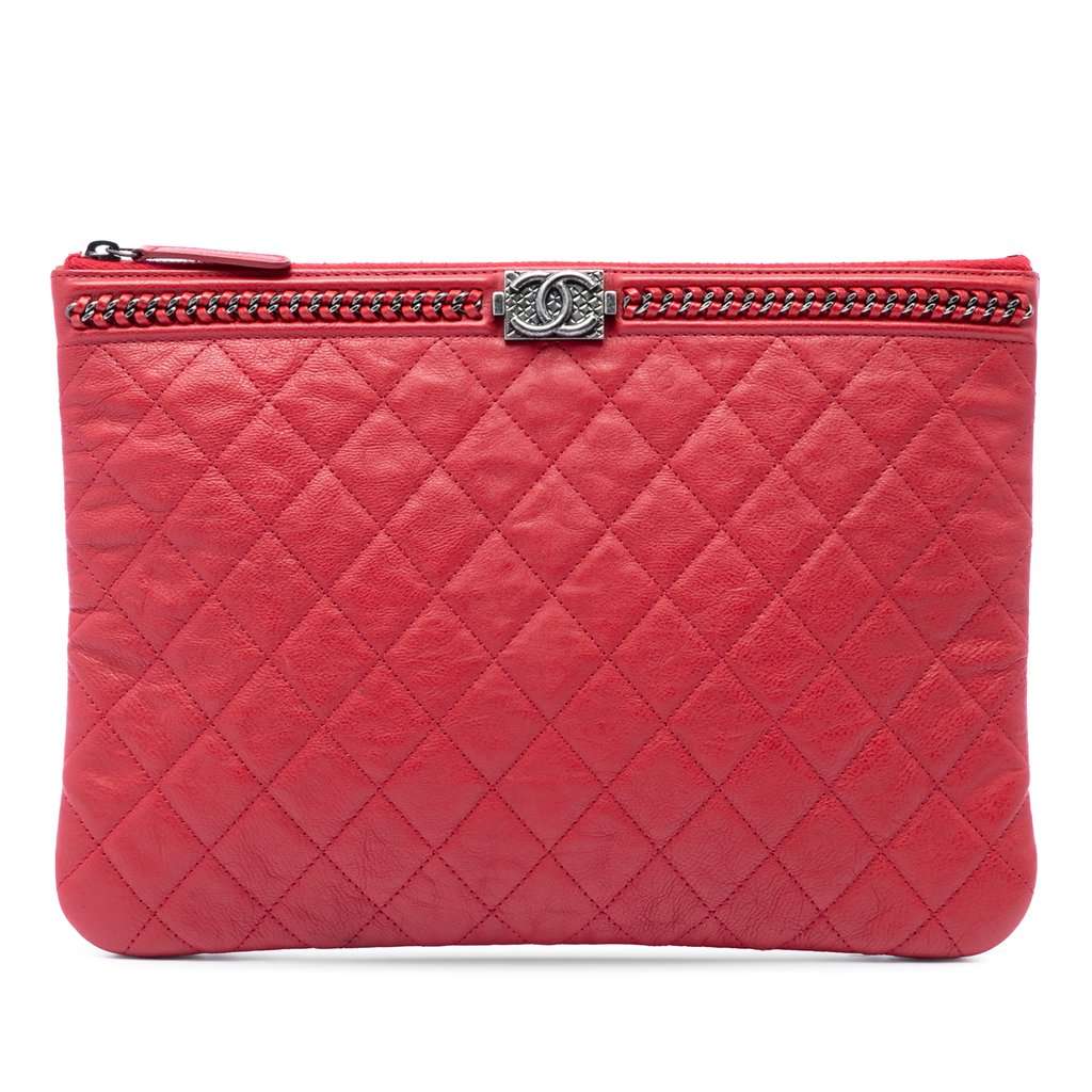 Chanel Medium Quilted Lambskin Chain Boy O Case Clutch Red Leather Very good - Front View