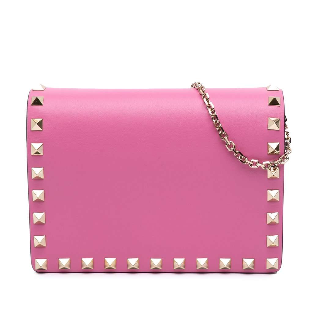 Valentino Pebbled Calfskin Rockstud Wallet On Chain Pink Leather Very good - Front View