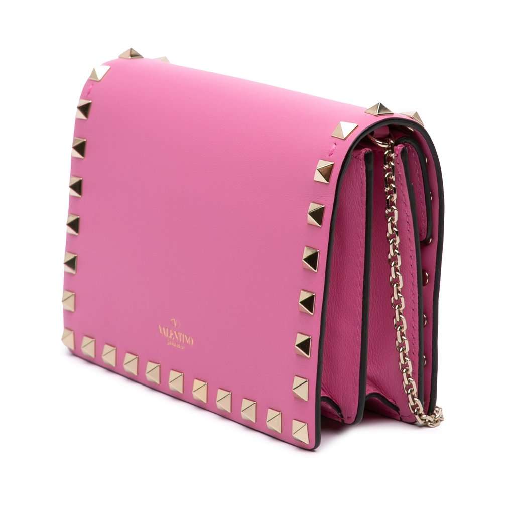 Valentino Pebbled Calfskin Rockstud Wallet On Chain Pink Leather Very good - Back View