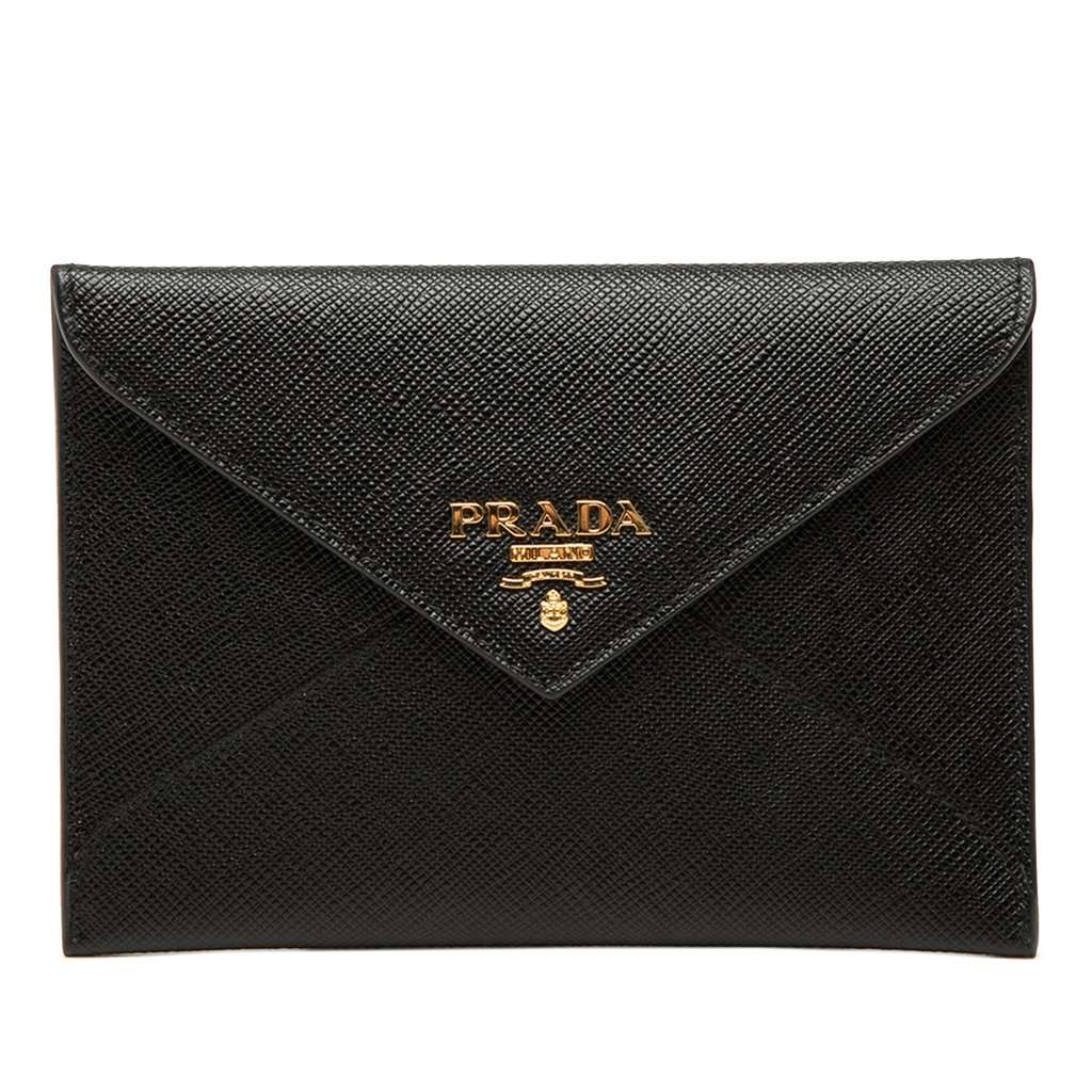 Prada Saffiano Envelope Compact Wallet Black Leather Very good condition - Front View