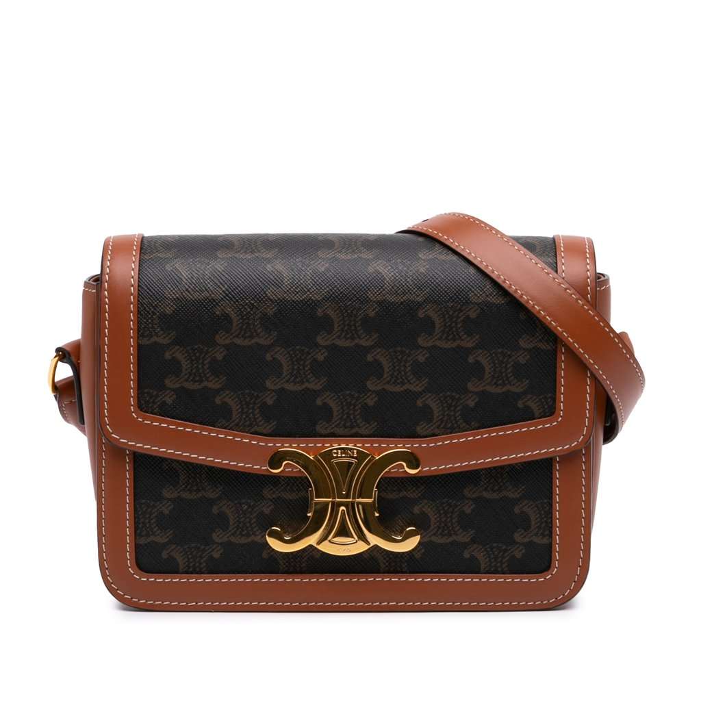 Celine Teen Triomphe Coated Canvas and Calfskin Triomphe Crossbody Brown Very good condition - Front View